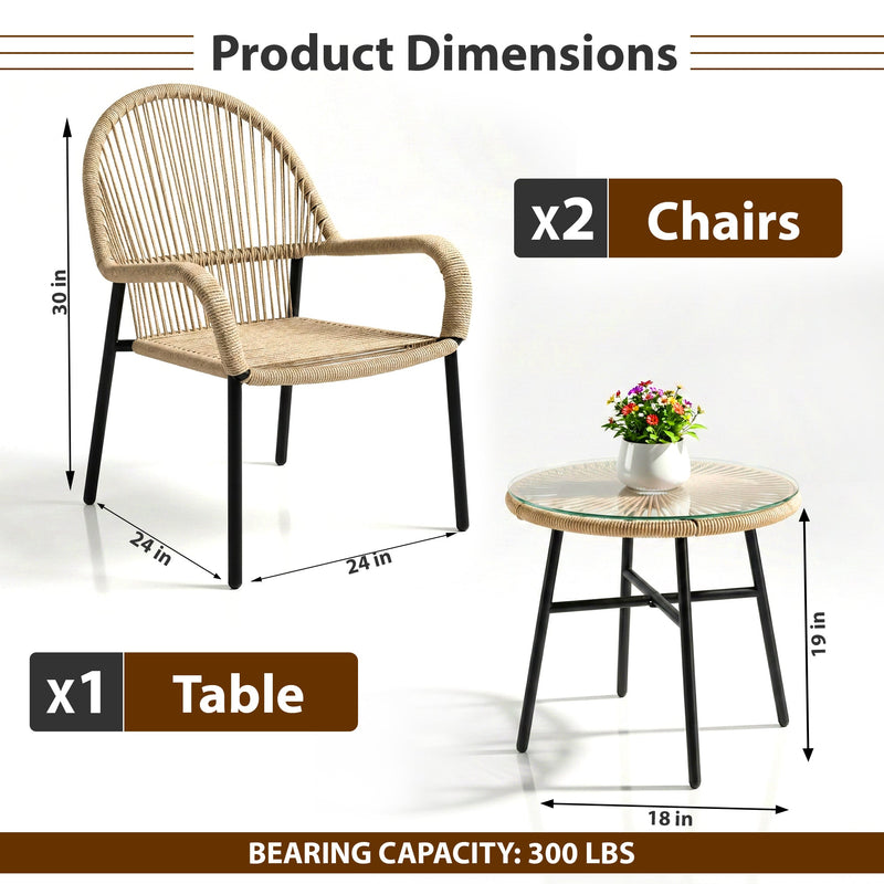Kivas Outdoor Patio Seating Set 2 Chairs and 1 Table Set (Beige) Braided & Rope