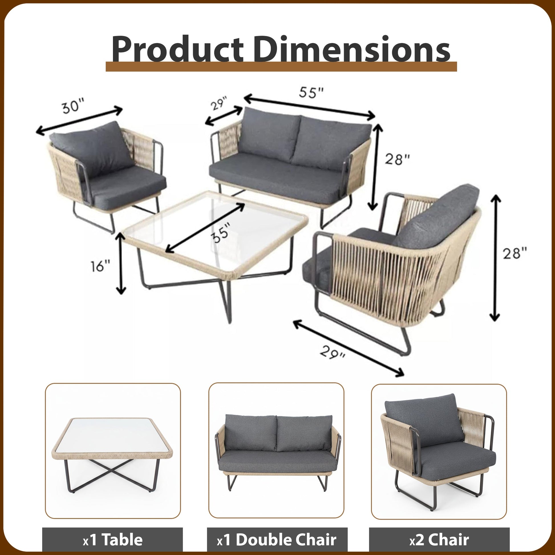 Belle Outdoor Garden Balcony Sofa Set 2 Seater , 2 Single Seater 1 Center Table Set (Dark Grey) Braided and Rope