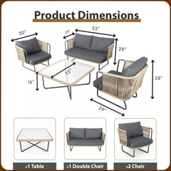 Belle Outdoor Garden Balcony Sofa Set 2 Seater , 2 Single Seater 1 Center Table Set (Dark Grey) Braided and Rope