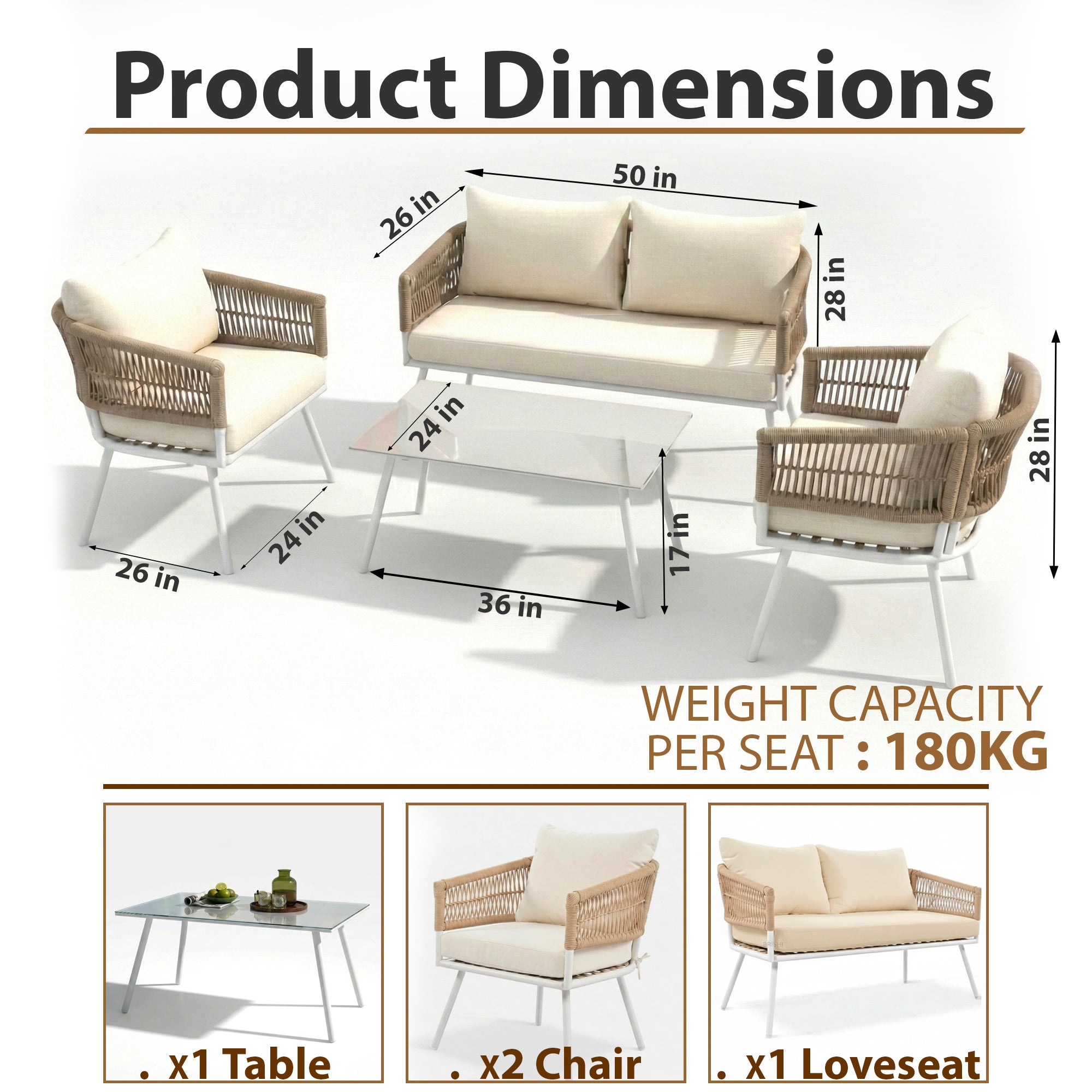 Frias Outdoor Sofa Set 2 Seater, 2 Single seater and 1 Center Table Braided & Rope