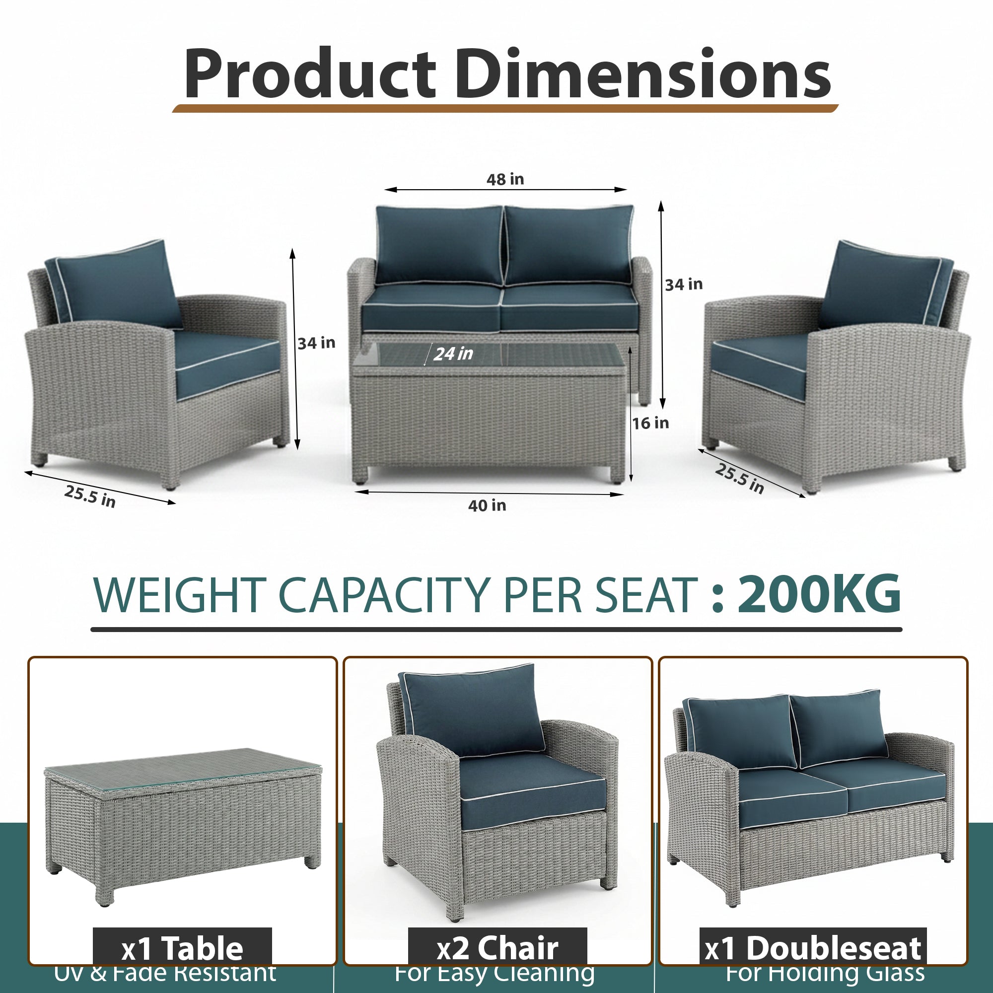 Porch Outdoor Sofa Set 2 Seater, 2 Single seater and 1 Center Table