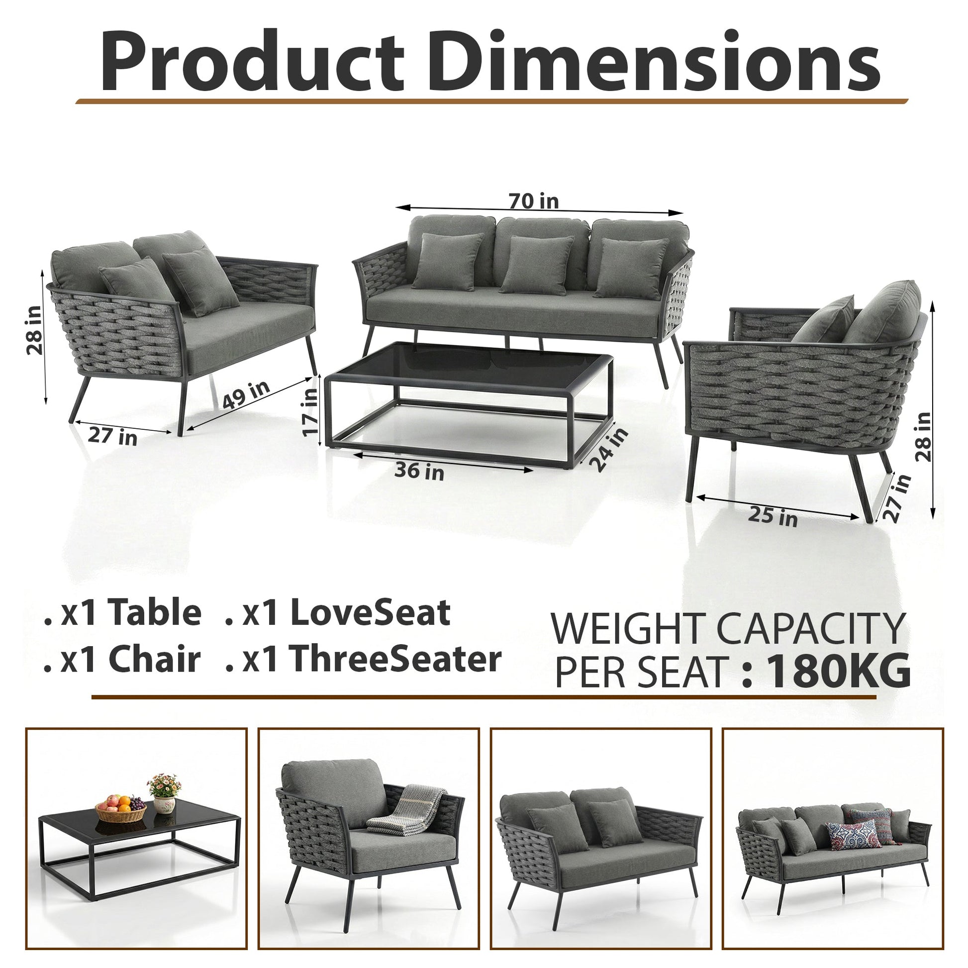 Belly Outdoor Garden Balcony Sofa Set 3 Seater,2 seater and Single Seater With 1 Table Set, Braid & Rope (Grey)