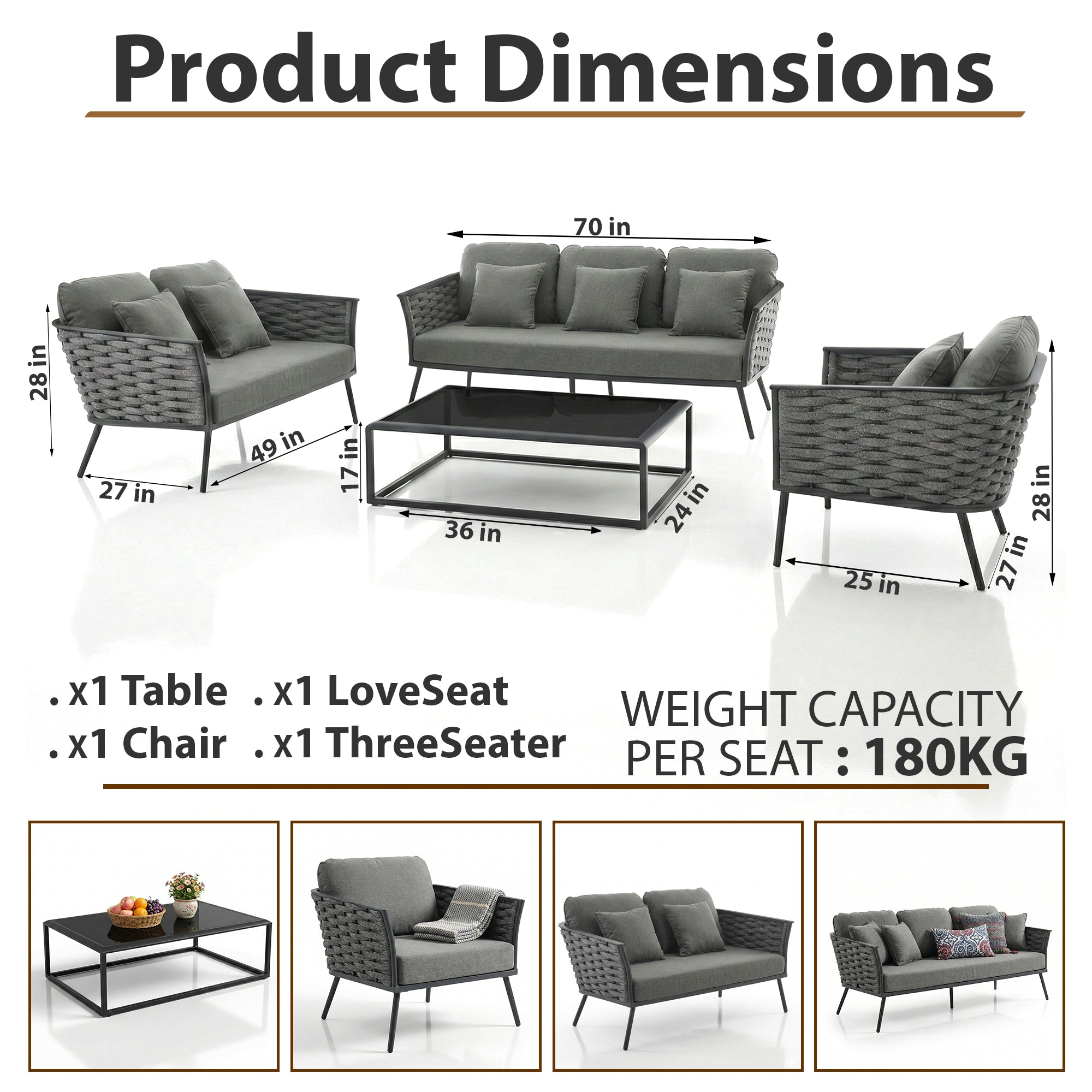 Belly Outdoor Garden Balcony Sofa Set 3 Seater,2 seater and Single Seater With 1 Table Set, Braid & Rope (Grey)