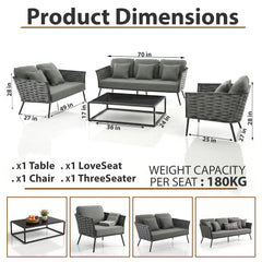 Belly Outdoor Garden Balcony Sofa Set 3 Seater,2 seater and Single Seater With 1 Table Set, Braid & Rope (Grey)