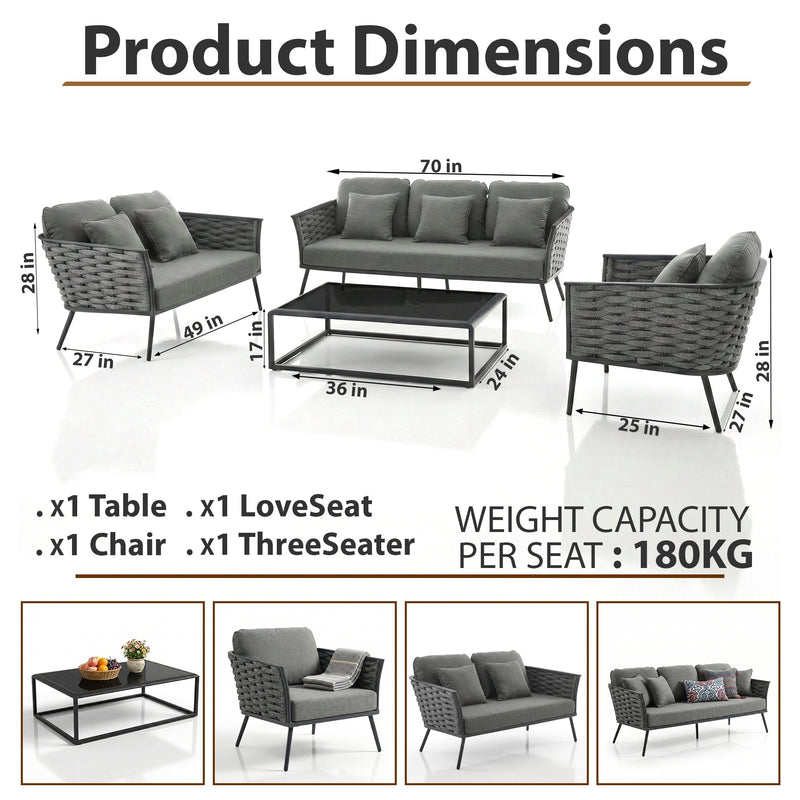 Belly Outdoor Garden Balcony Sofa Set 3 Seater,2 seater and Single Seater With 1 Table Set, Braid & Rope (Grey)