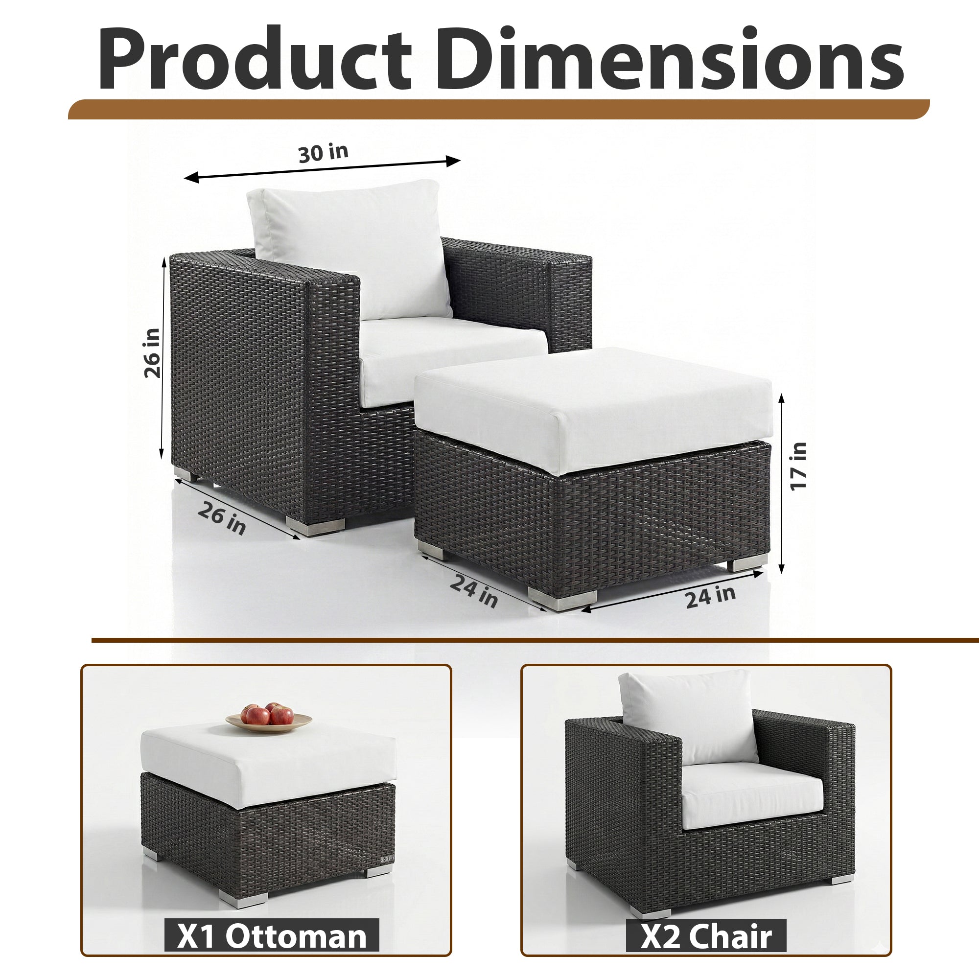Cotta Outdoor Sofa Set 2 Single seater and 1 Ottoman (Brown + White)