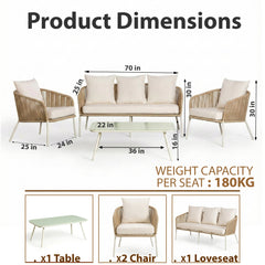 Rumi Outdoor Garden Balcony Sofa Set 3 Seater , 2 Single Seater 1 Center Table Set (White-Beige) Braided and Rope