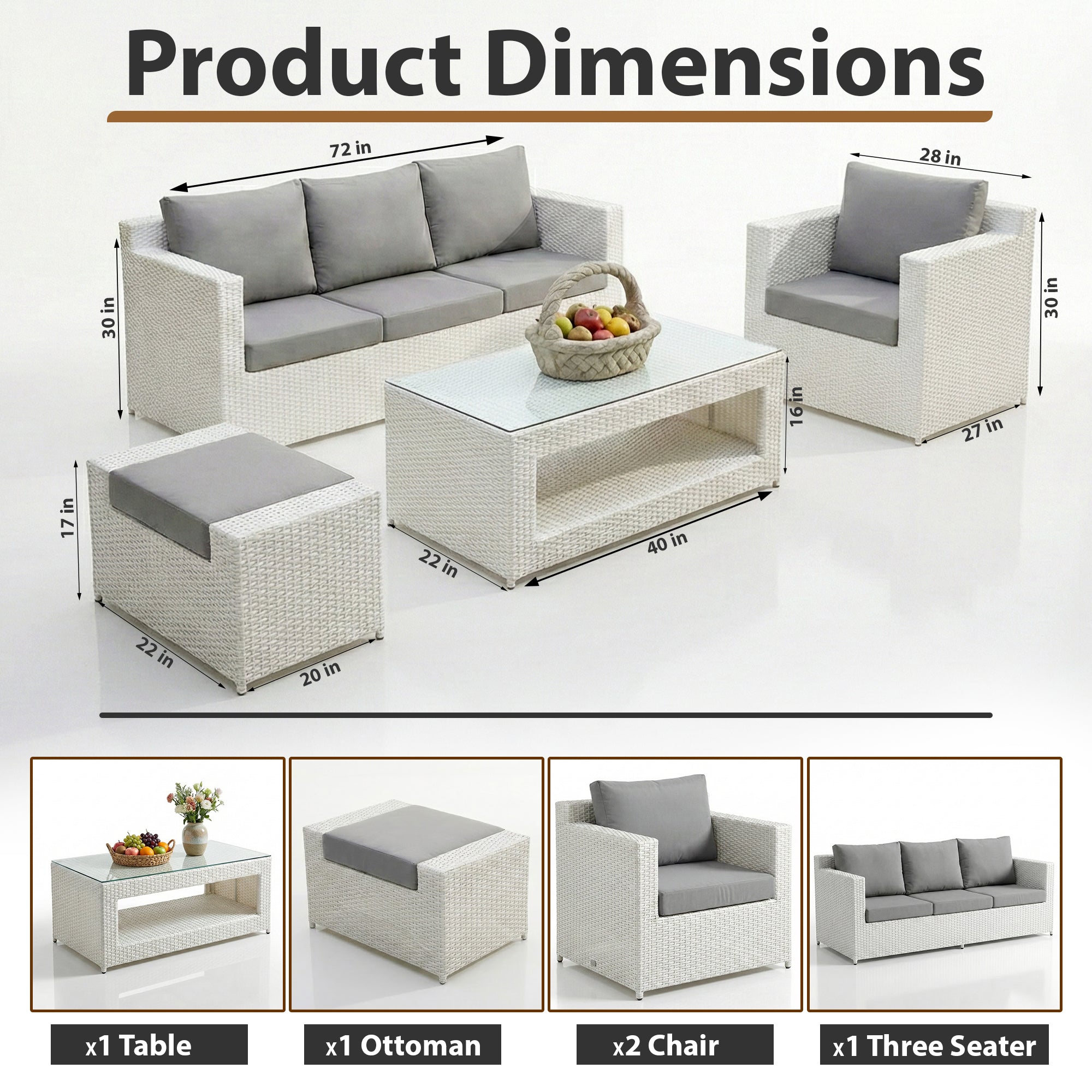 Nicholas Outdoor Sofa Set 3 Seater , 2 Single seater With Ottoman and 1 Center Table Set (White)