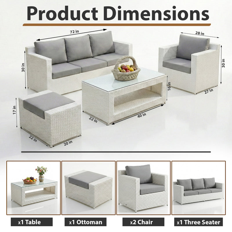Nicholas Outdoor Sofa Set 3 Seater , 2 Single seater With Ottoman and 1 Center Table Set (White)