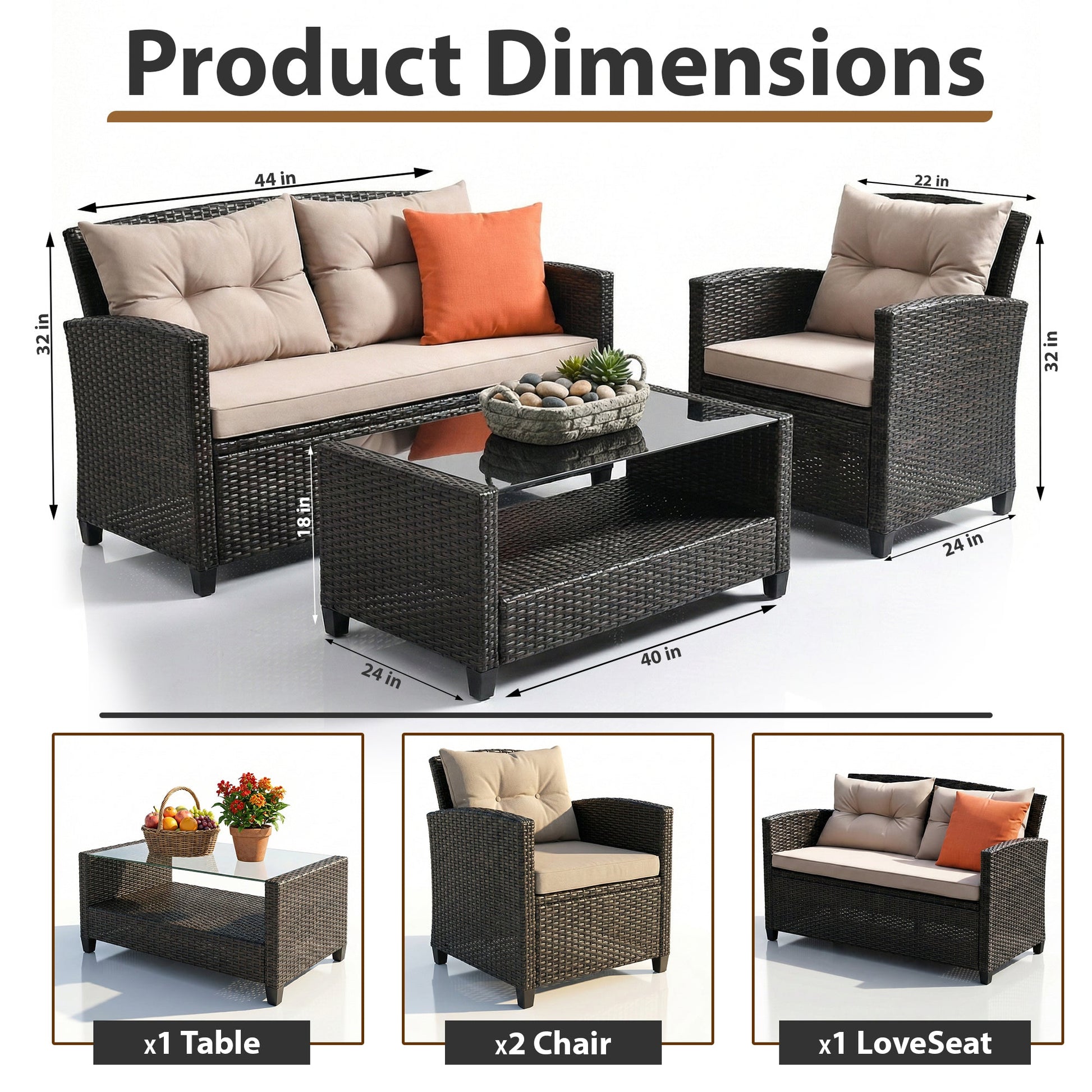 Amada Outdoor Sofa Set 2 Seater , 2 Single seater and 1 Center Table Set (Brown)
