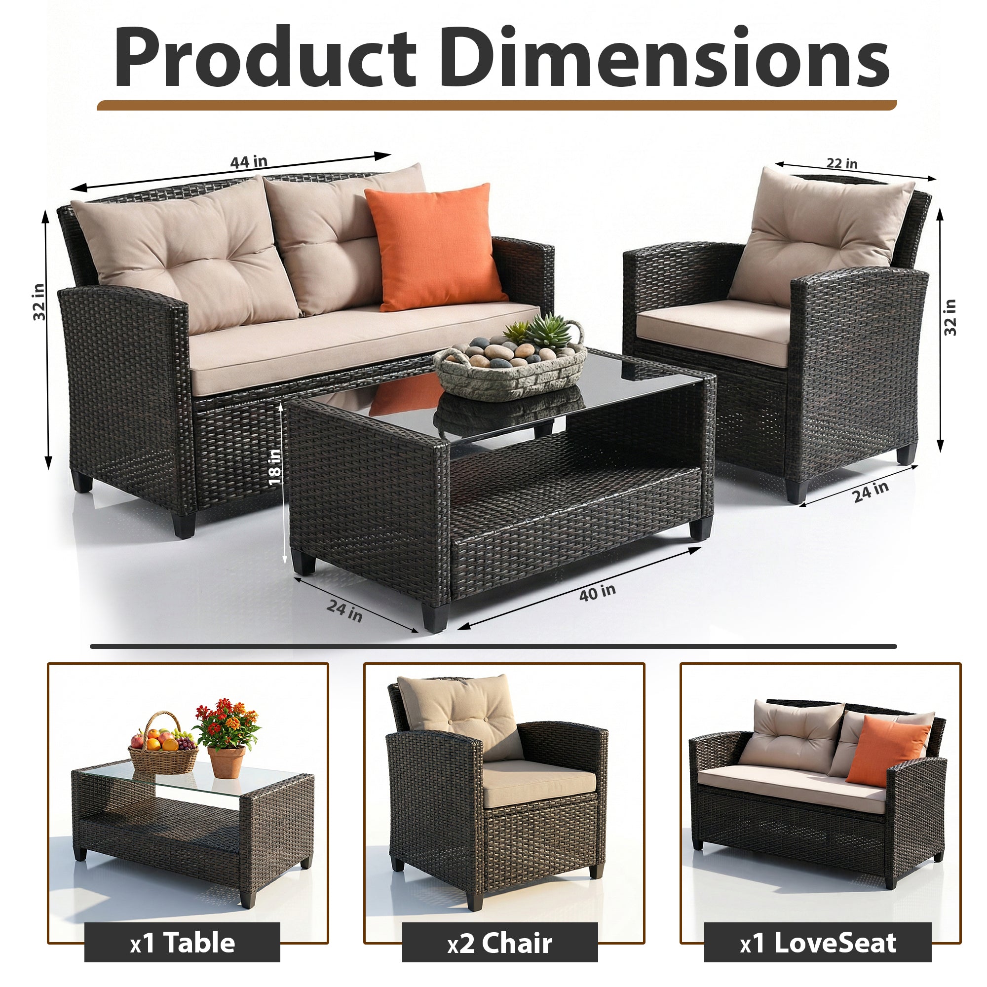 Amada Outdoor Sofa Set 2 Seater , 2 Single seater and 1 Center Table Set (Brown)