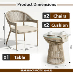 Remar Outdoor Patio Seating Set 2 Chairs and 1 Table Set (Beige) Braided & Rope