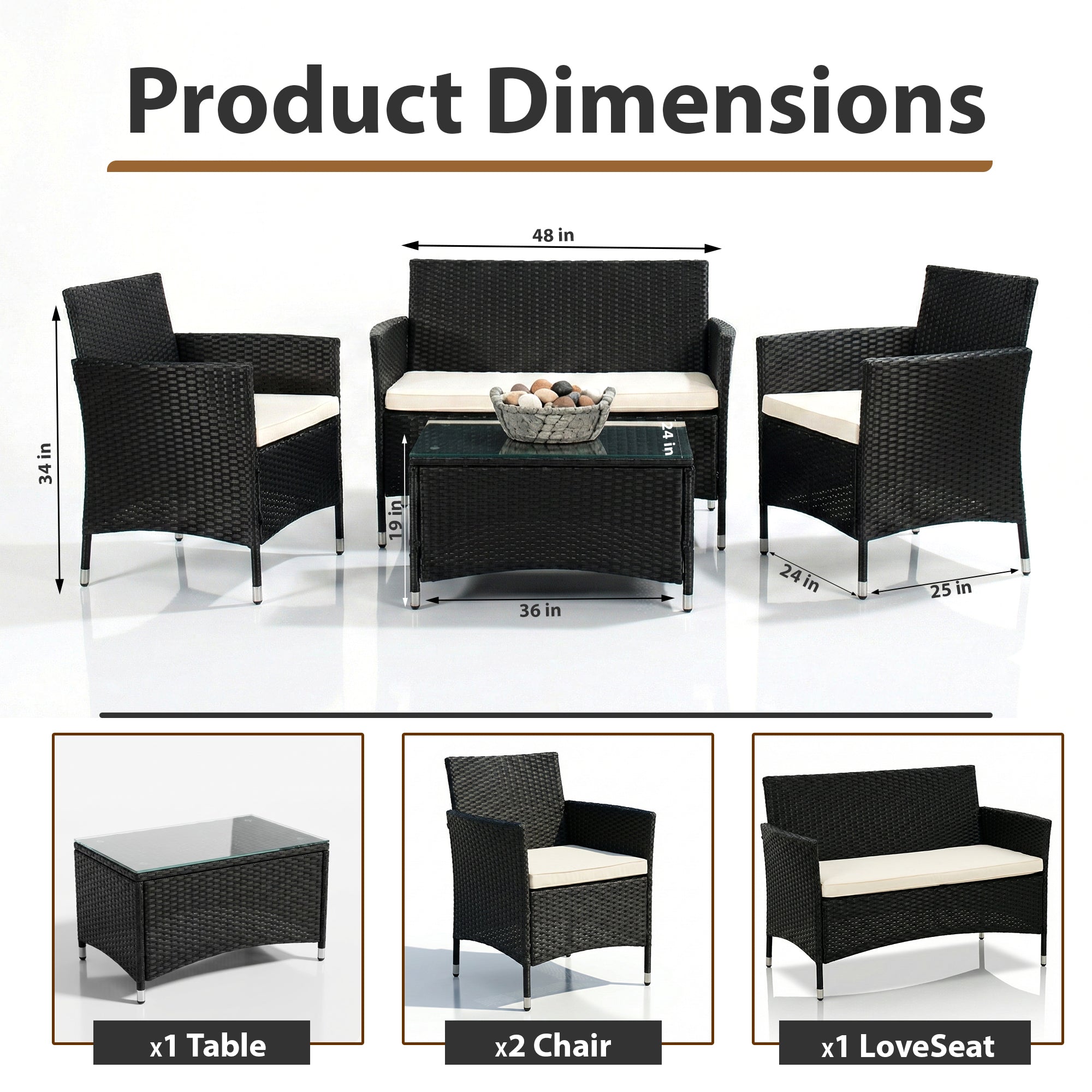 Unico Outdoor Sofa Set 2 Seater , 2 Single seater and 1 Center Table Set (Black)