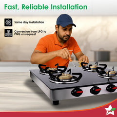Wonderchef Galaxy Auto-Ignition 4 Brass Burner Gas Stove, LPG Gas Stove for Kitchen, No Lighter Needed, ISI Toughened Gl