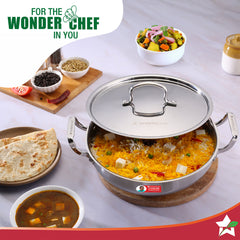 Stella Triply Stainless Steel Kadhai with Lid | 24 cm, 3 Litres | Compatible with Gas Stove, Induction, Ceramic Cooktop | Non-toxic | Uniform Heating | Heavy-duty Handle | 10-year Warranty