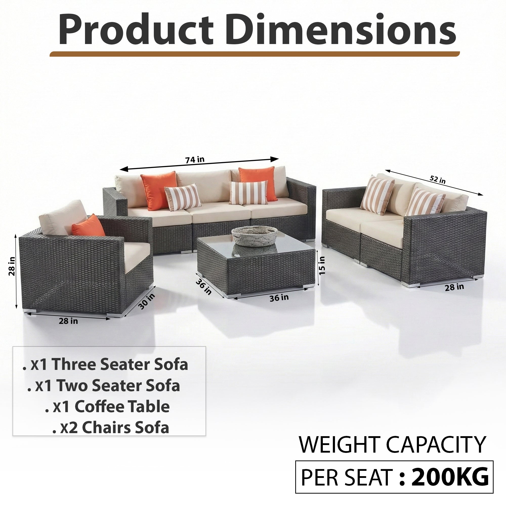Torino Outdoor Garden Balcony Sofa Set 3 Seater, 2 Seater With 2 Single Seater and 1 Center Table With 1 Side Table Set (Brown)