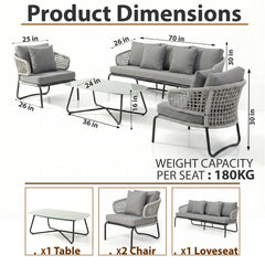 Velory Outdoor Sofa Set 3 Seater , 2 Single seater and 1 Center Table Set (Grey) Braided & Rope