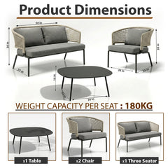 perola Outdoor Garden Balcony Sofa Set 2 Seater , 2 Single Seater 1 Center Table Set (Grey-Beige) Braided and Rope