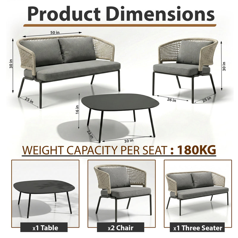 perola Outdoor Garden Balcony Sofa Set 2 Seater , 2 Single Seater 1 Center Table Set (Grey-Beige) Braided and Rope