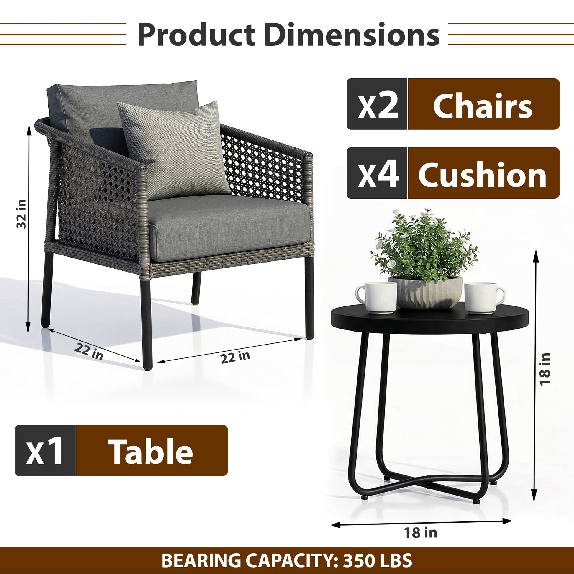 Morton Outdoor Patio Seating Set 2 Chairs and 1 Table Set (Dark Grey)