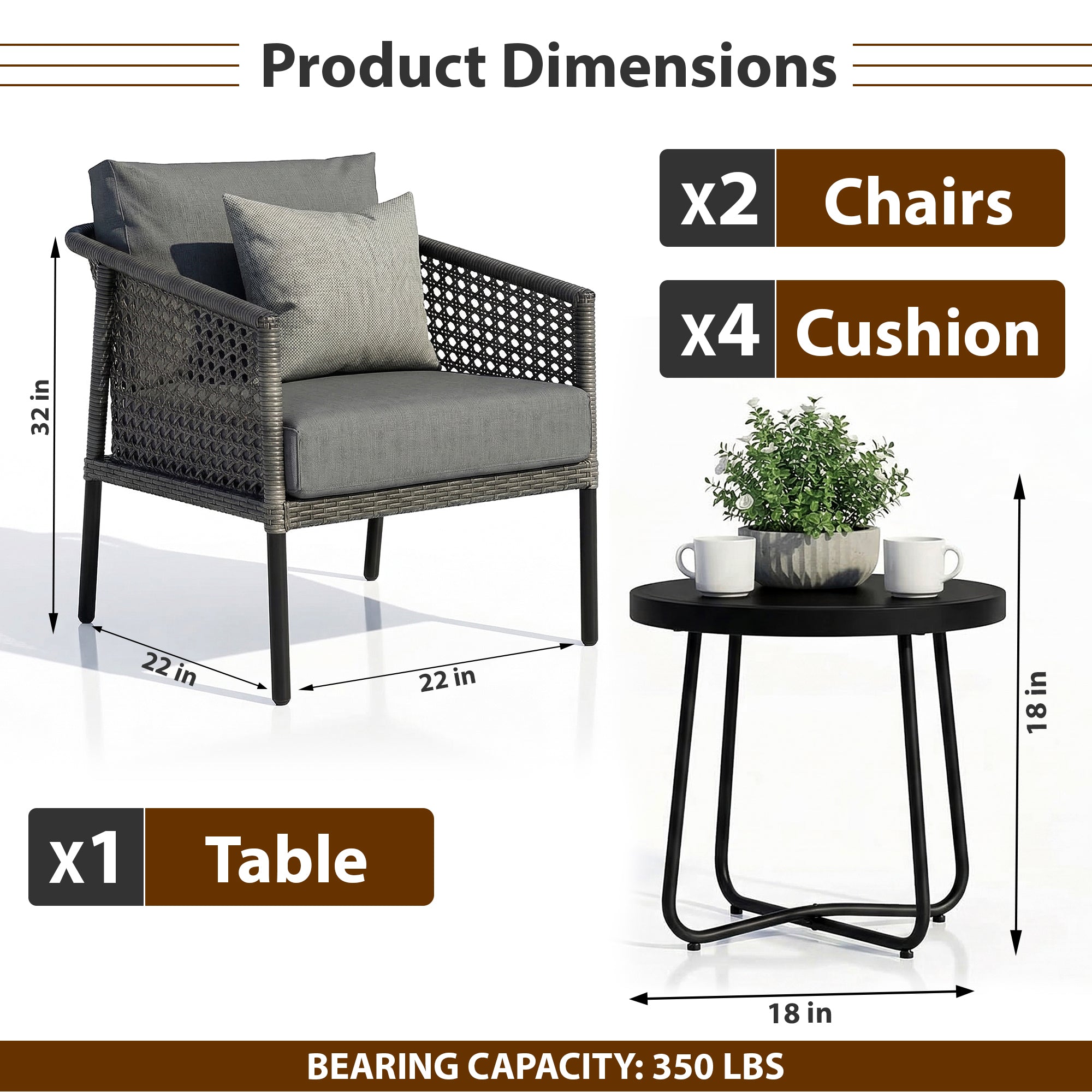 Morton Outdoor Patio Seating Set 2 Chairs and 1 Table Set (Dark Grey)
