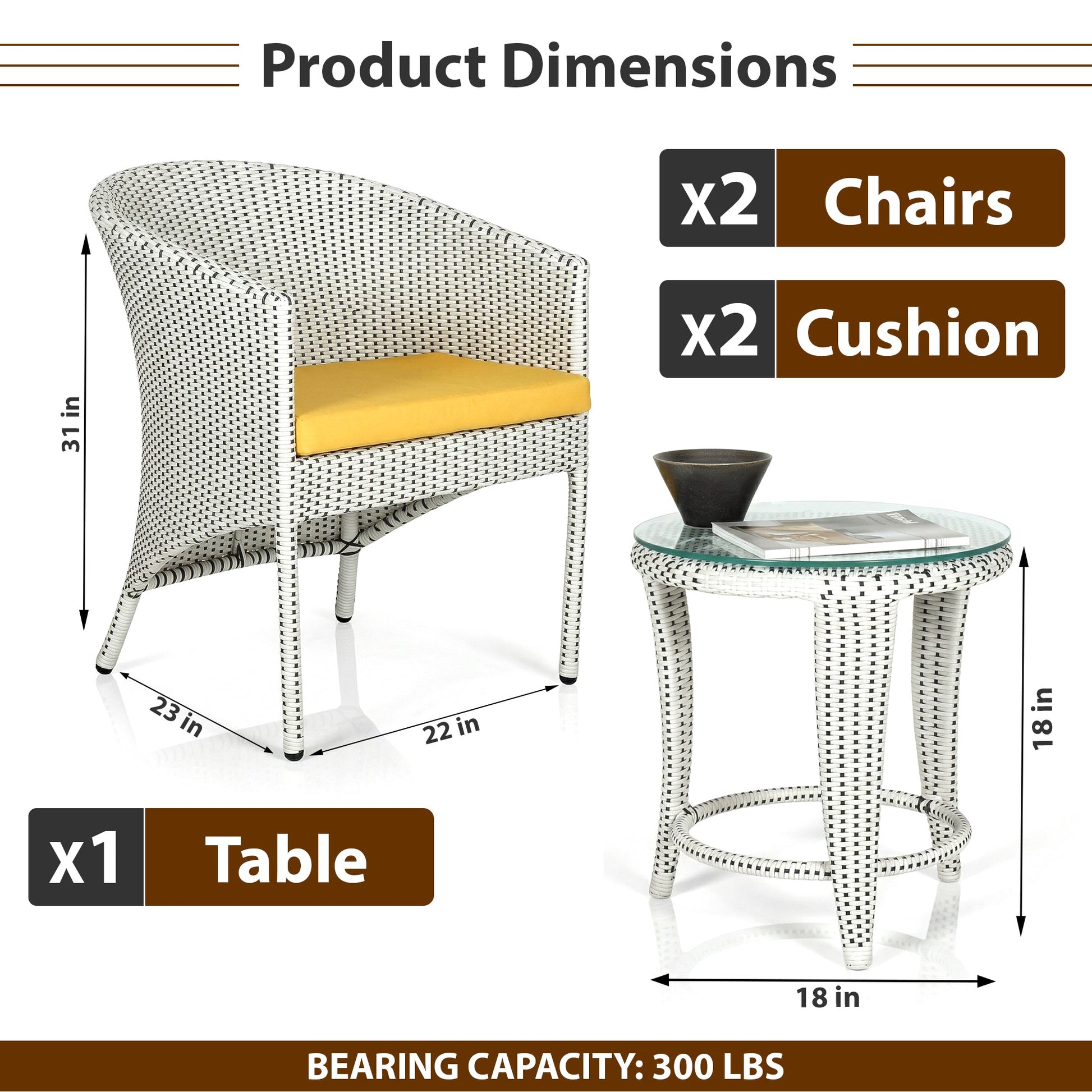 Kuush Outdoor Patio Seating Set 2 Chairs and 1 table Set (White and black)