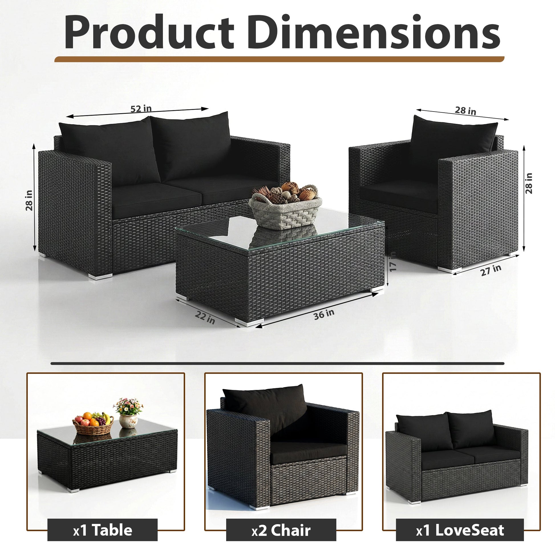 Gracia Outdoor Sofa Set 2 Seater, 2 Single seater and 1 Center Table (Black)