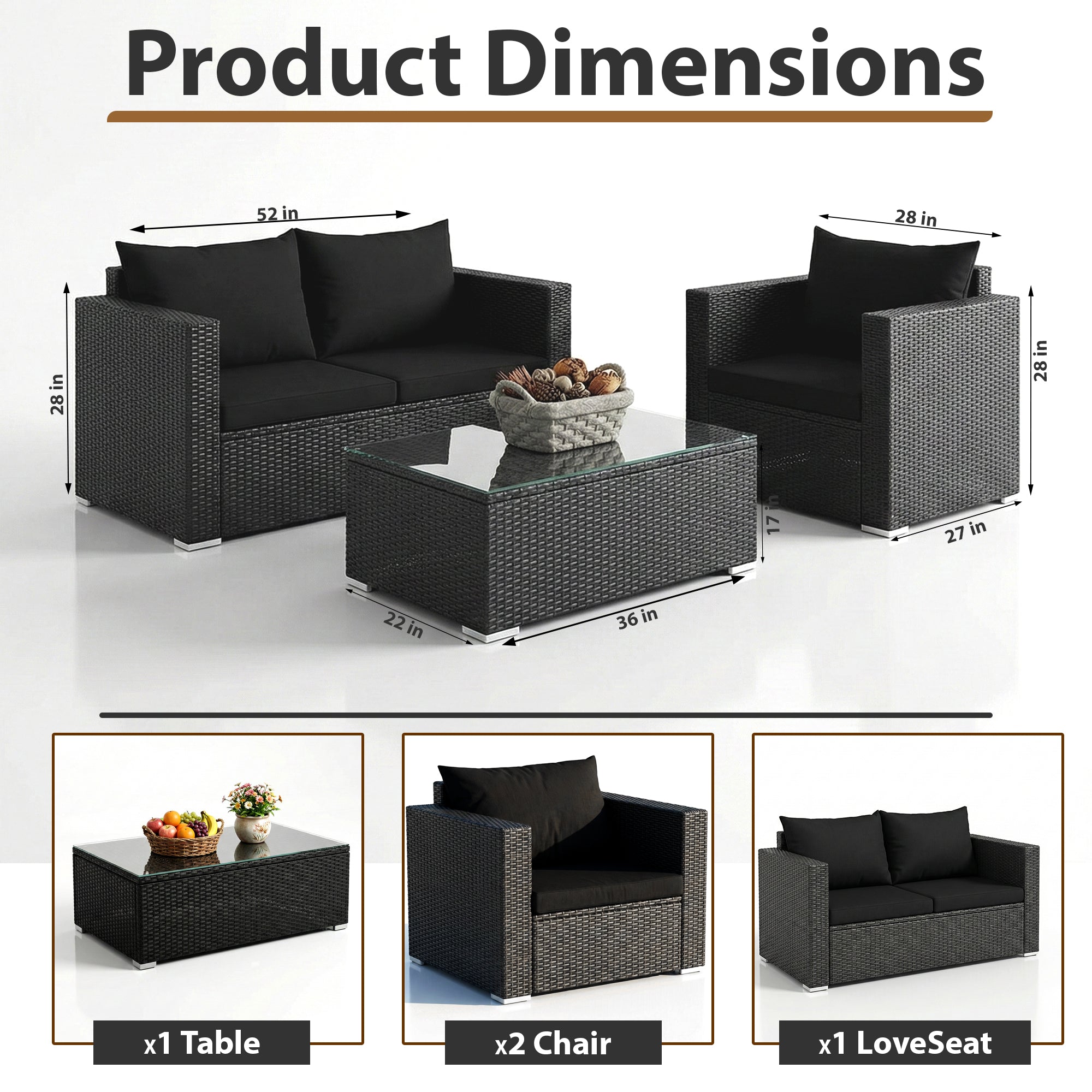 Gracia Outdoor Sofa Set 2 Seater, 2 Single seater and 1 Center Table (Black)