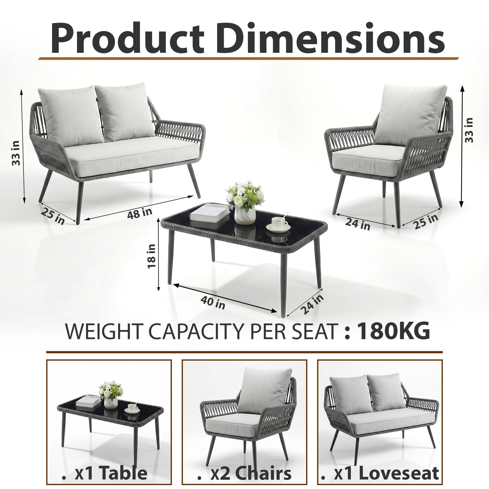 Alveré Outdoor Sofa Set 2 Seater, 2 Single seater and 1 Center Table