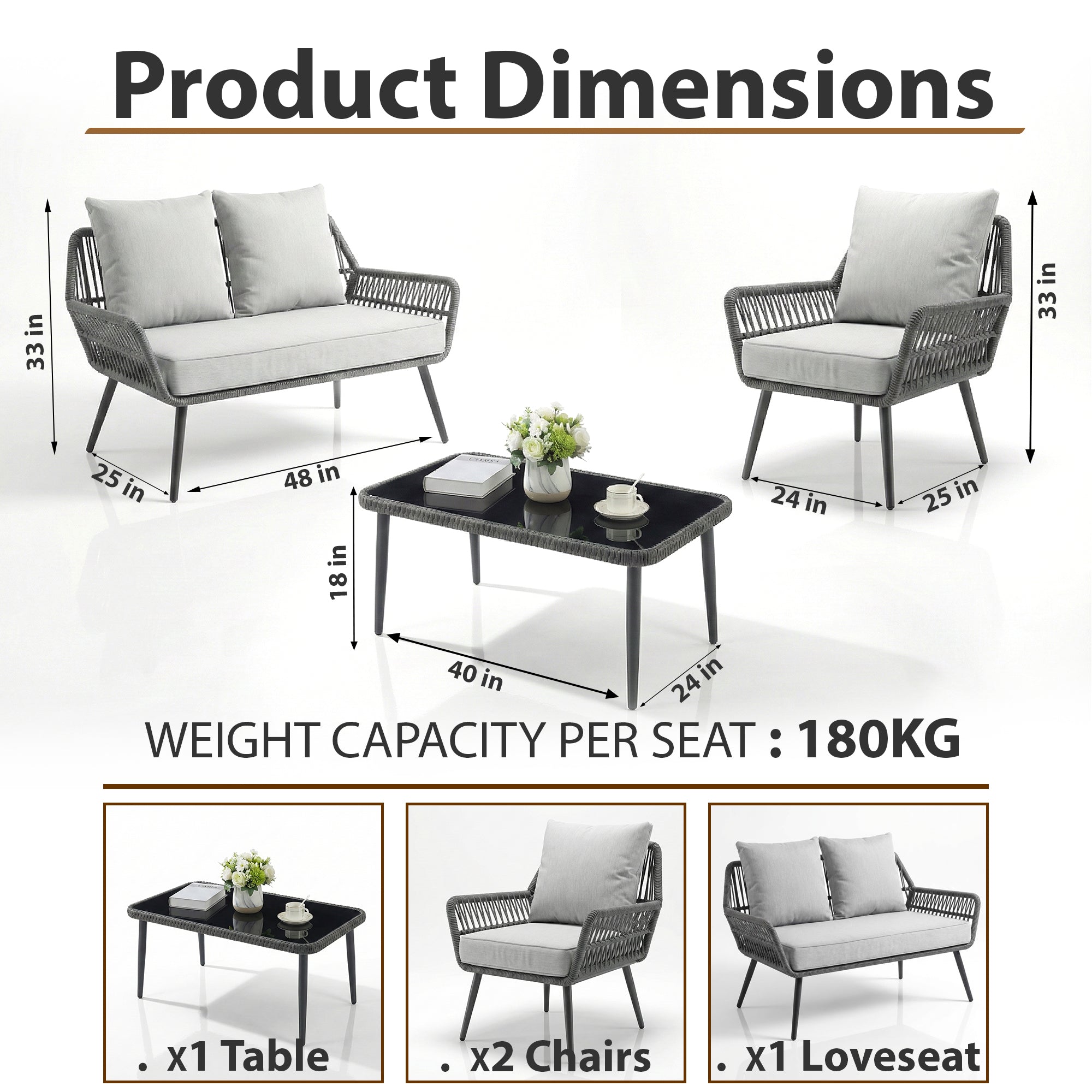 Alveré Outdoor Sofa Set 2 Seater, 2 Single seater and 1 Center Table
