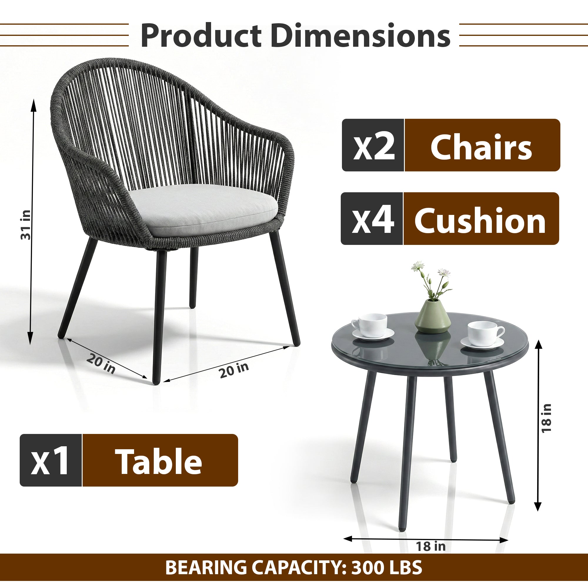 Conti Outdoor Patio Seating Set 2 Chairs and 1 Table Set (Grey) Braided & Rope