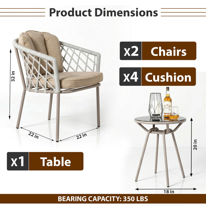 Surfer Outdoor Patio Seating Set 2 Chairs and 1 Table Set (Grey) Braided & Rope