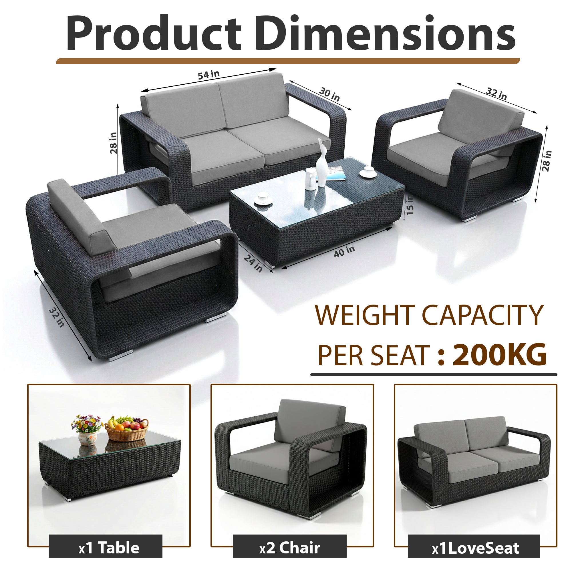 Akrivi Outdoor Sofa Set 2 Seater, 2 Single seater , 1 Center table (Black)