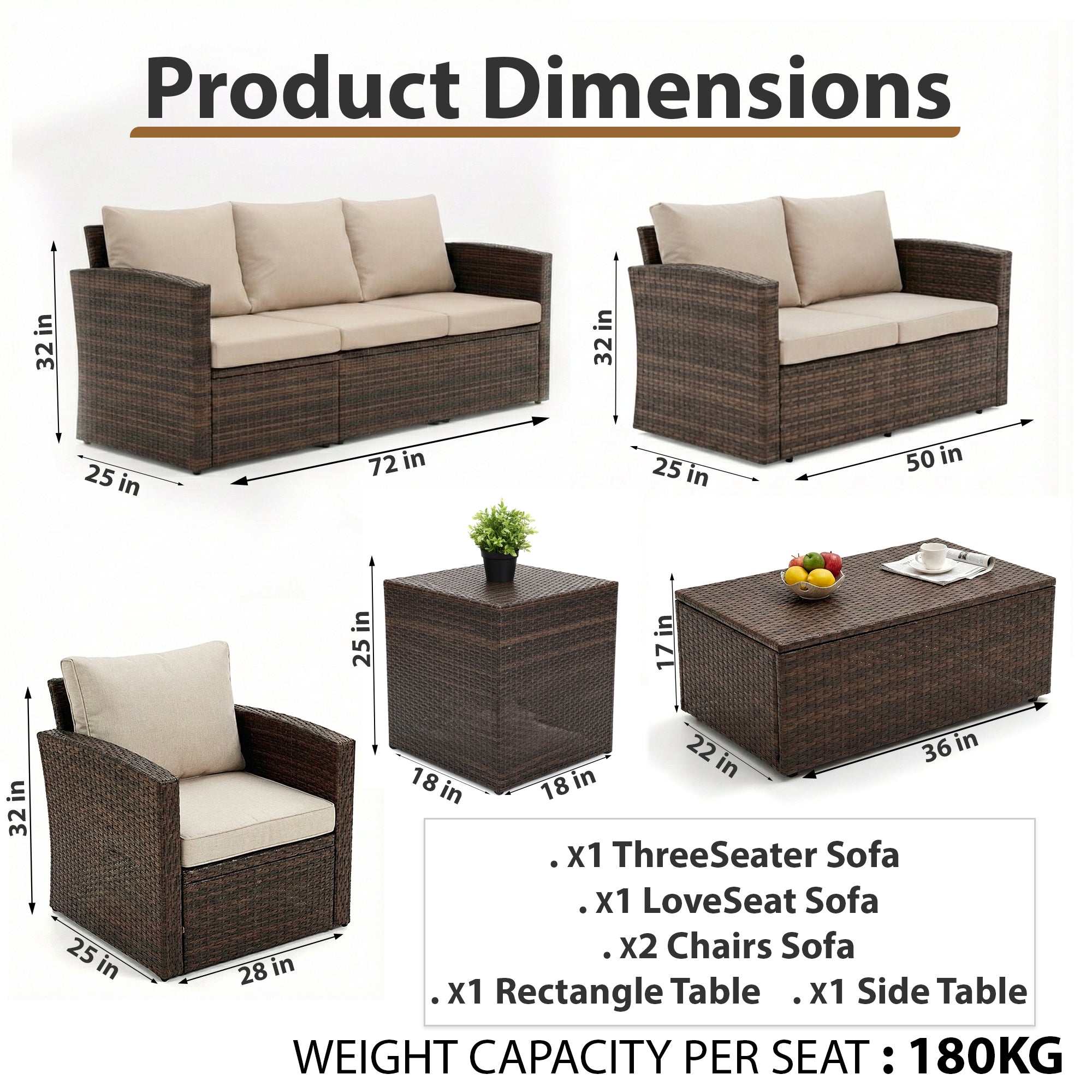 Coye Outdoor Garden Balcony Sofa Set 3 Seater, 2 Seater With 2 Single Seater and 1 Center Table With 1 Side Table Set (Brown)