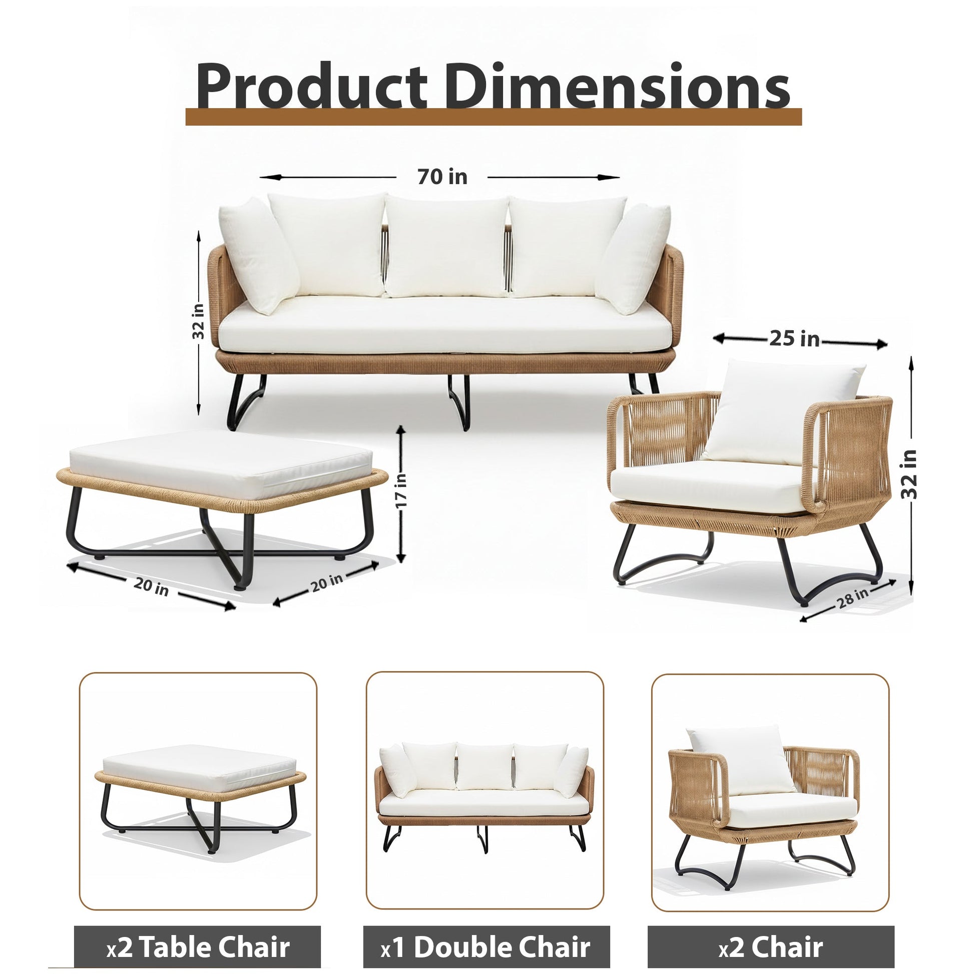 Kuub Outdoor Sofa Set 3 Seater, 2 Single seater,2 Ottoman(Tan)