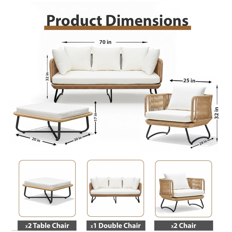 Kuub Outdoor Sofa Set 3 Seater, 2 Single seater,2 Ottoman(Tan)