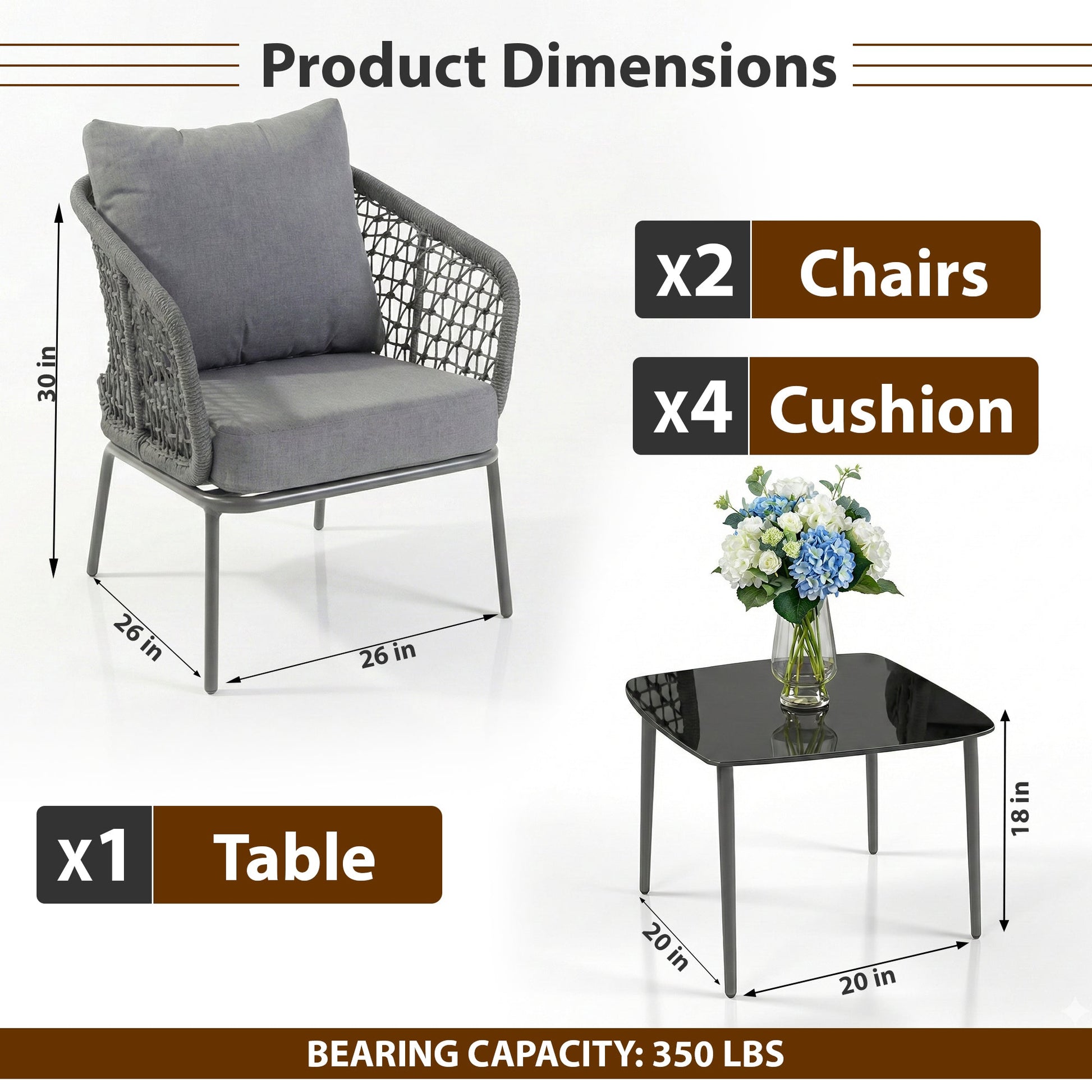Filix Outdoor Patio Seating Set 2 Chairs and 1 Table Set (Grey) Braided & Rope