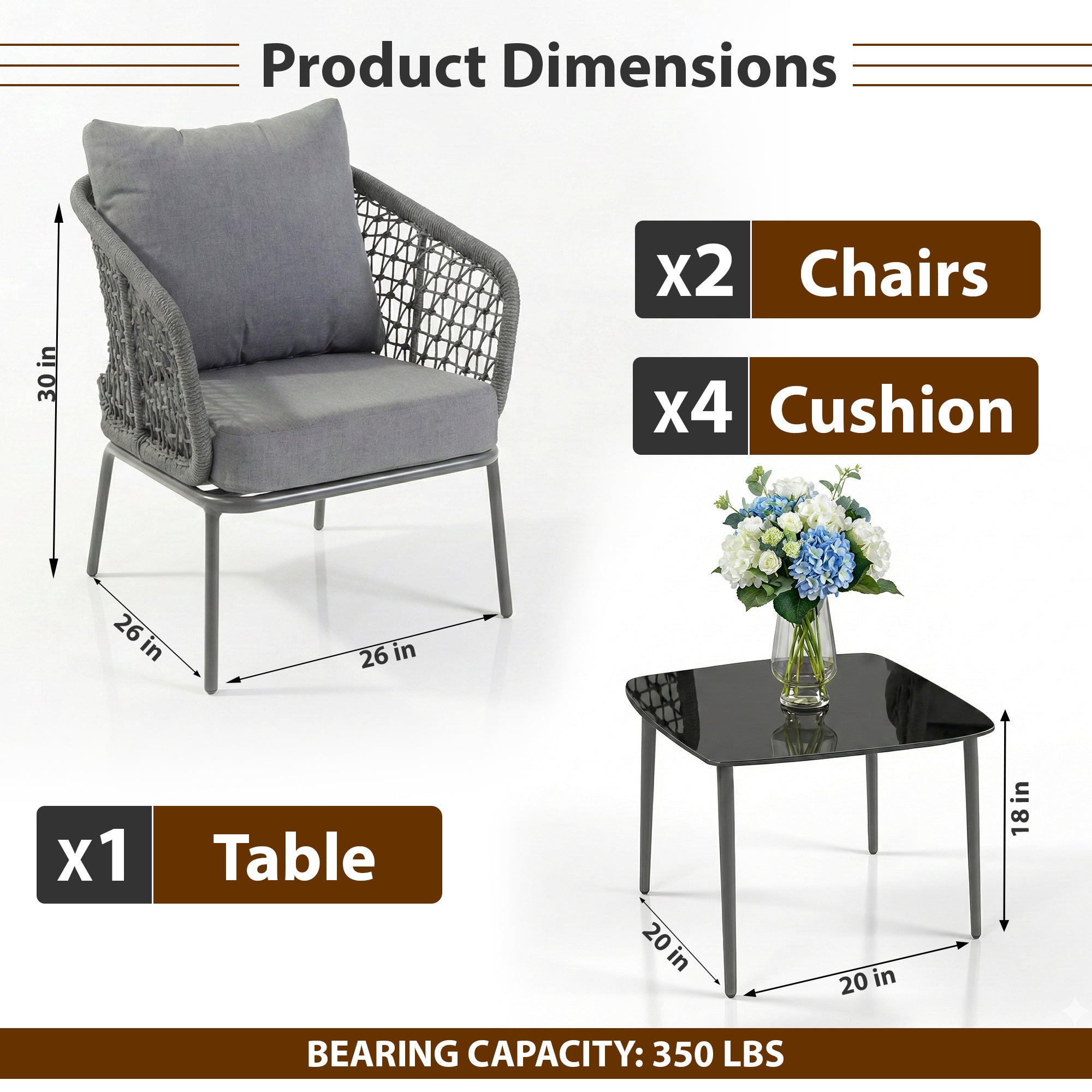 Filix Outdoor Patio Seating Set 2 Chairs and 1 Table Set (Grey) Braided & Rope