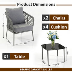 Filix Outdoor Patio Seating Set 2 Chairs and 1 Table Set (Grey) Braided & Rope