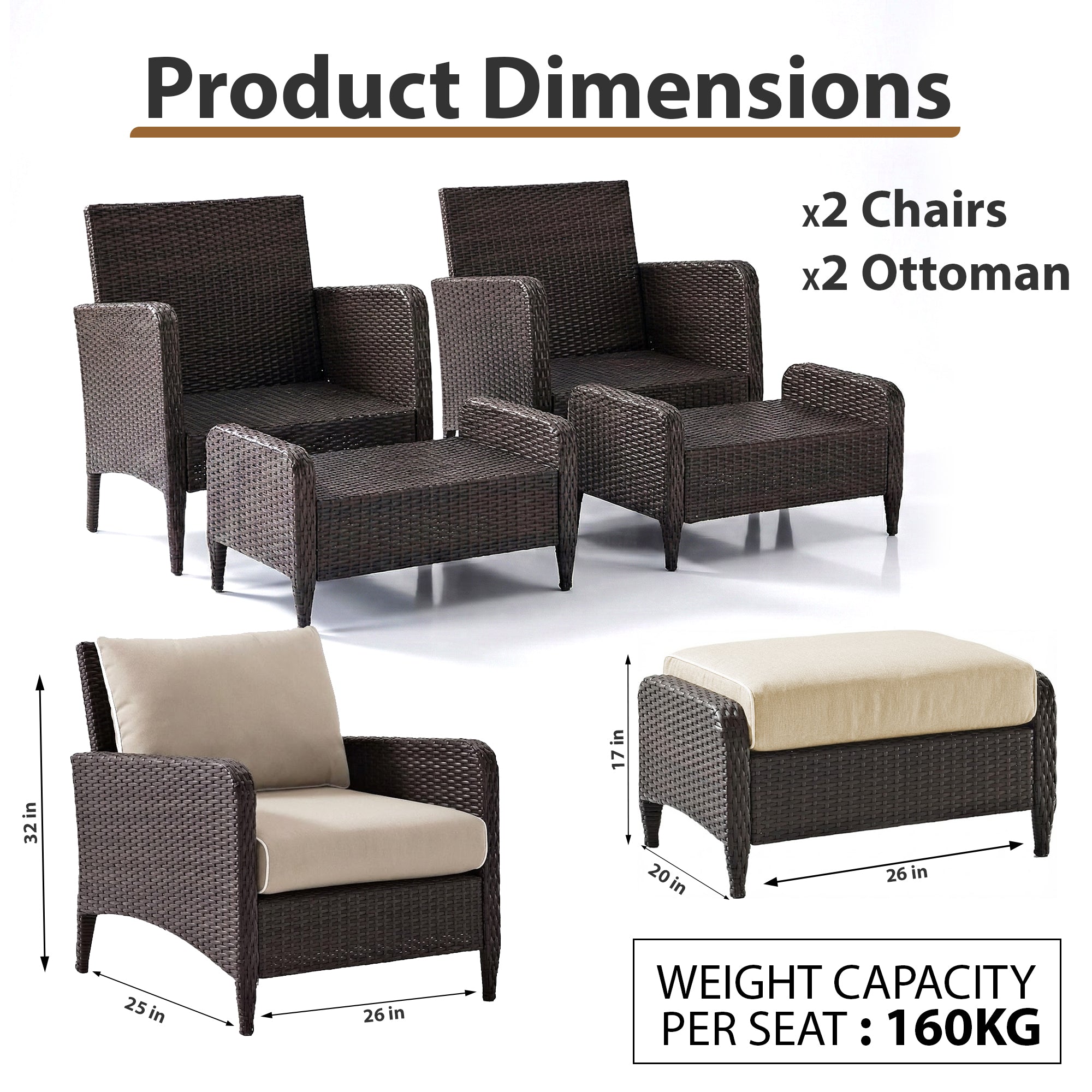 Eclore Outdoor Sofa Set  2 Single seater with 2 ottoman  (Brown)
