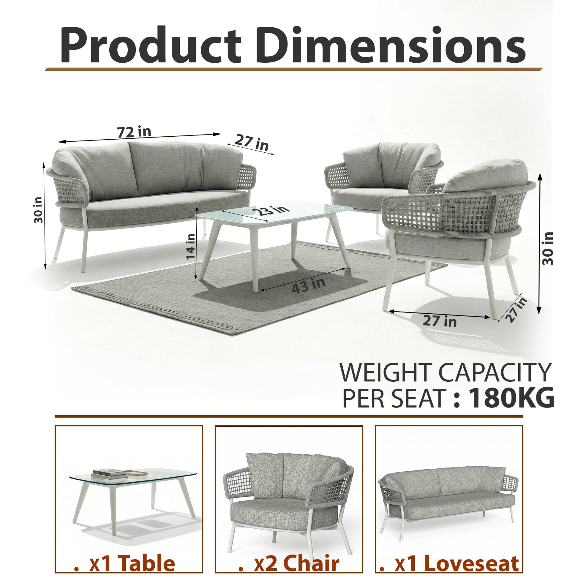 Zion Outdoor Sofa Set 3 Seater , 2 Single seater and 1 Center Table Set (Grey) Braided & Rope