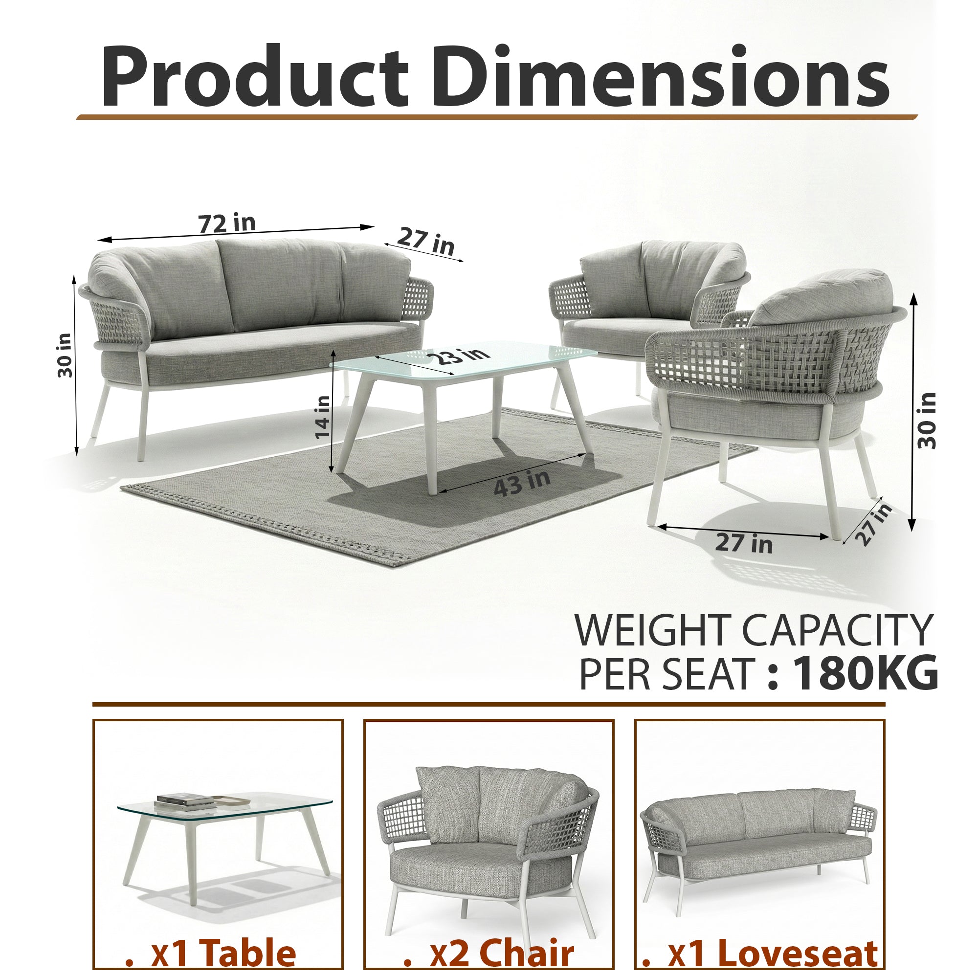 Zion Outdoor Sofa Set 3 Seater , 2 Single seater and 1 Center Table Set (Grey) Braided & Rope