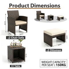 Calabresi Outdoor Seating Set 2 Single seater, 2 Ottoman and 1 Center Table (Brown + Beige)