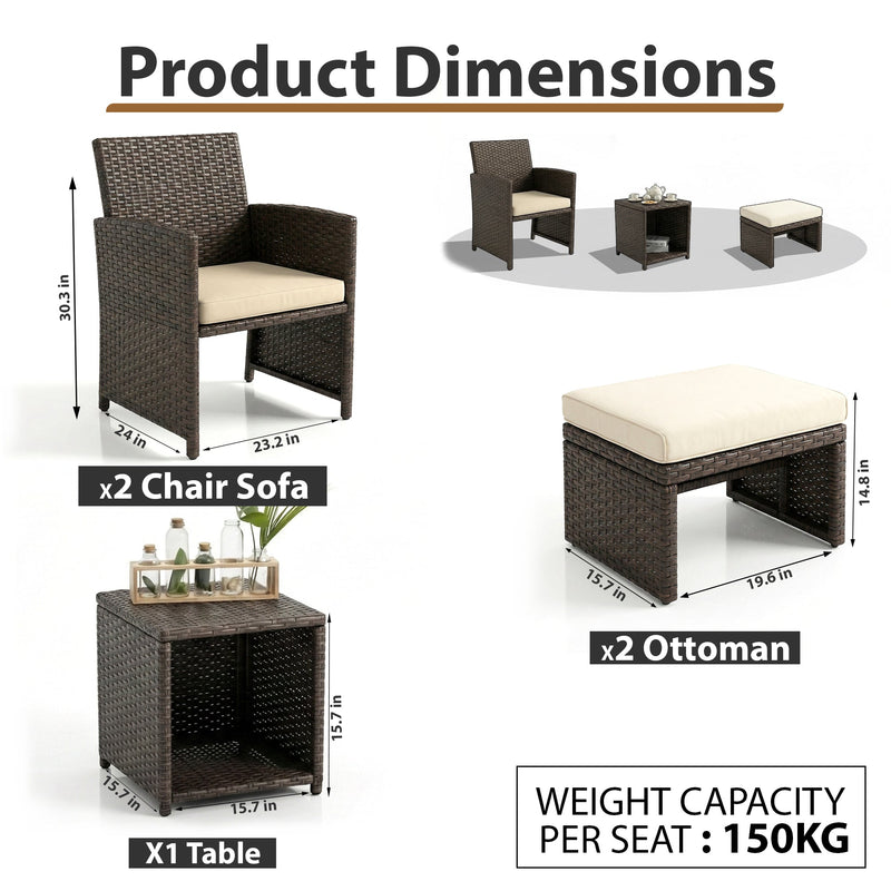 Calabresi Outdoor Seating Set 2 Single seater, 2 Ottoman and 1 Center Table (Brown + Beige)