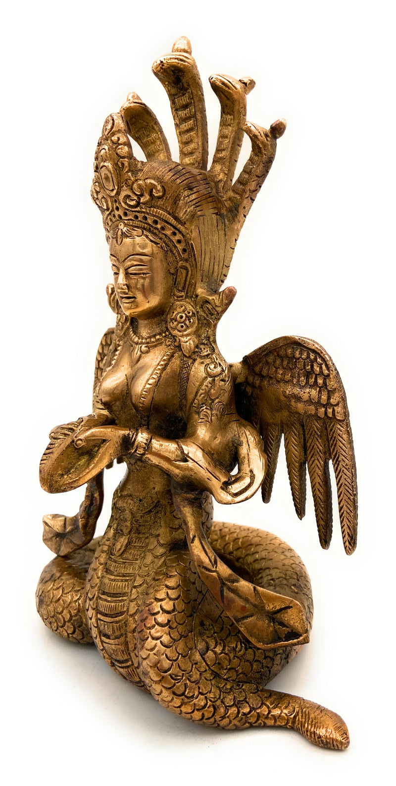 Brass Nagkanya Idol, Peetal Naga Kanya Nagini Manasa Devi Murti, Antique Nag Devi Sarpa Kanya Statue for Pooja, Home Decor & Gifts, Gold, 9 Inch, 1 Piece