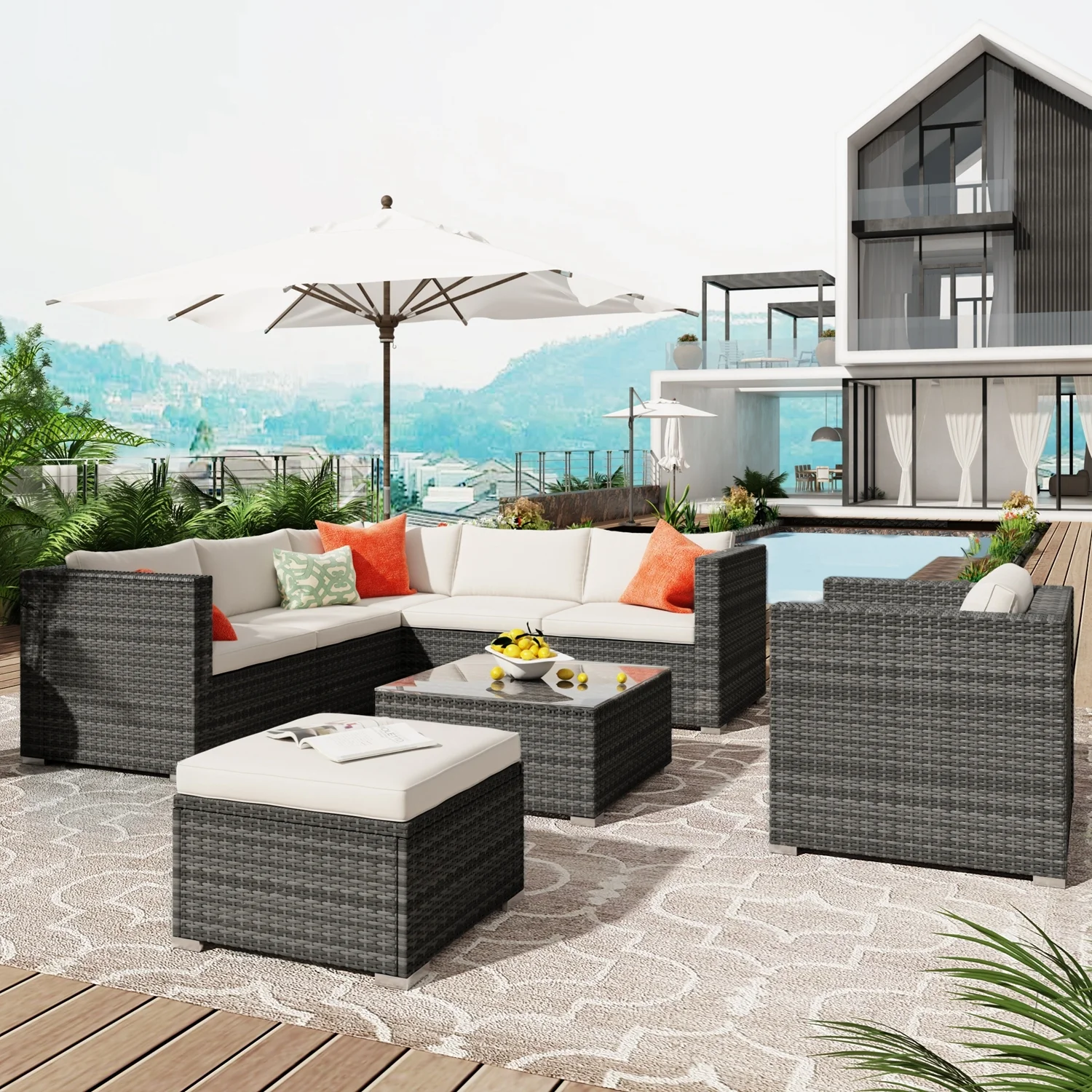 Zoi Outdoor Garden Balcony Sofa Set 6 Seater, Single seater With 1 Ottoman and 1 Center Table Set (Brown + White)