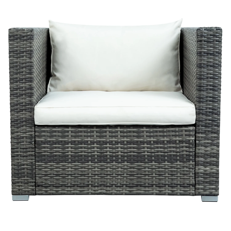 Zoi Outdoor Garden Balcony Sofa Set 6 Seater, Single seater With 1 Ottoman and 1 Center Table Set (Brown + White)