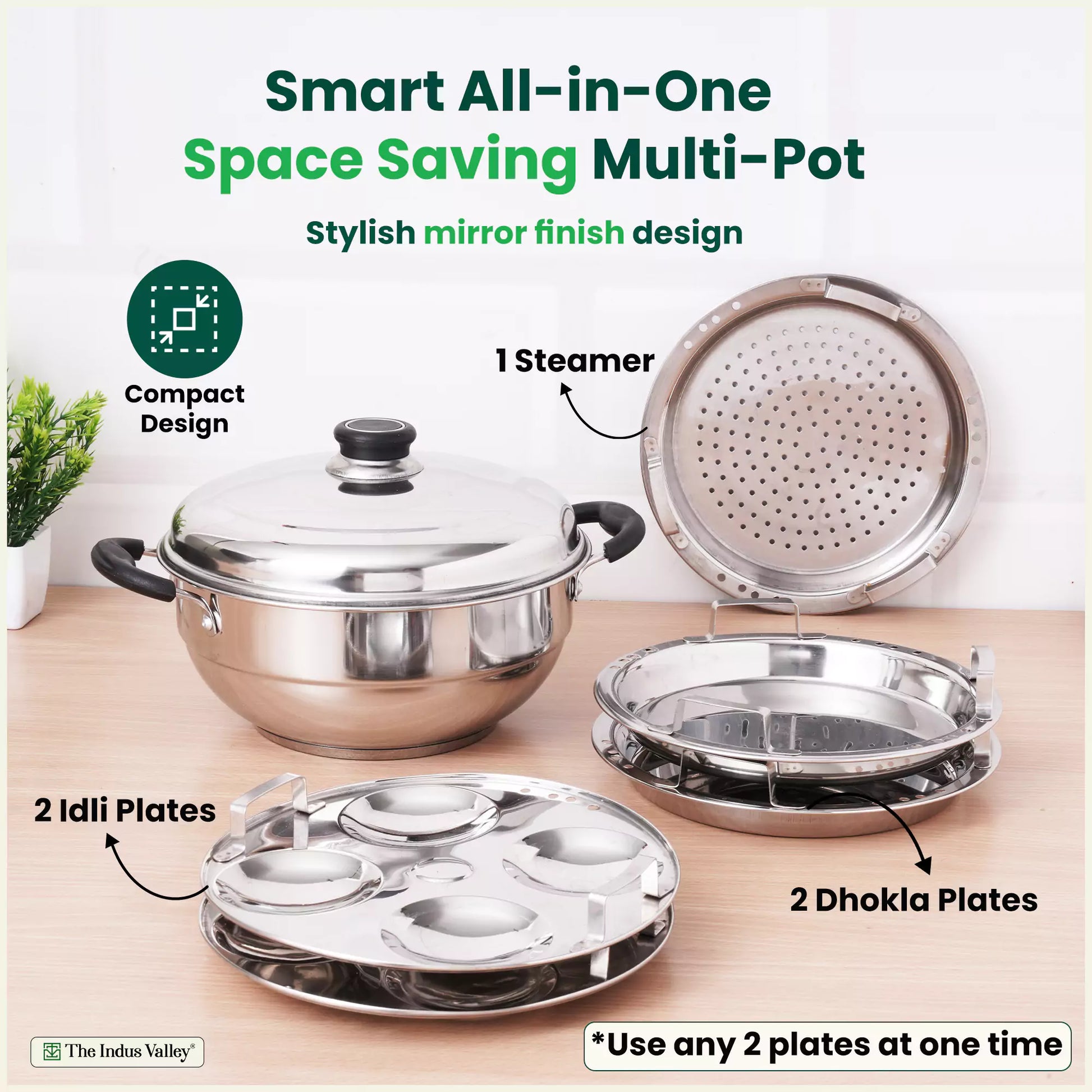 8 Pit Tri-Steel Multi Pot Premium Stainless Steel Idli/ Dhokla/ Momo Maker/ Veg Steaming Set, Tri-ply Induction Bottom, 5 Plates, 3L