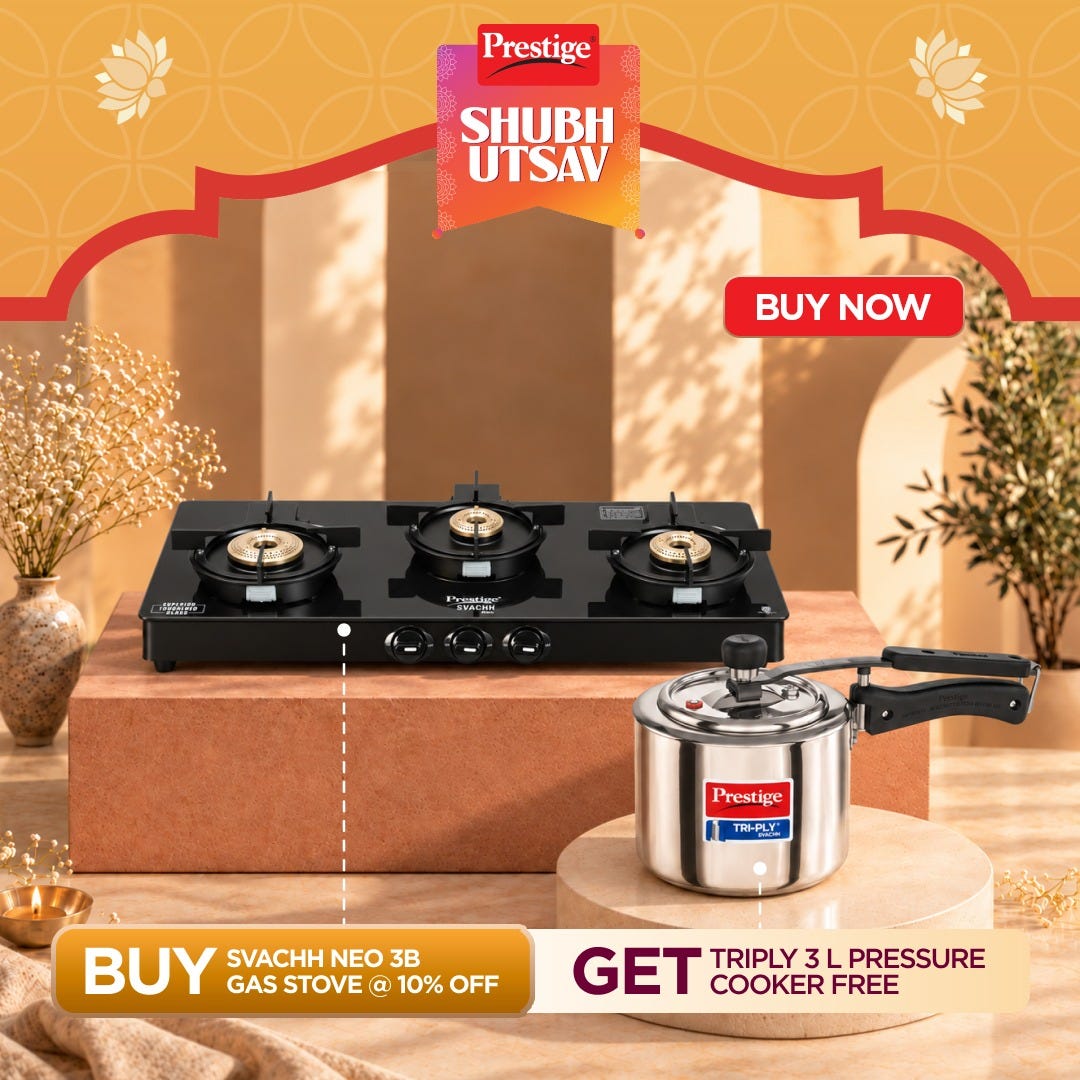 Prestige Svachh Neo 3 Burner Glass Top Gas Stove, Liftable Burners, Black, ISI + Prestige 3 Litre TRIPLY Svachh Inner Lid Pressure Cooker, Deep Lid for Spillage Control, Gas & Induction