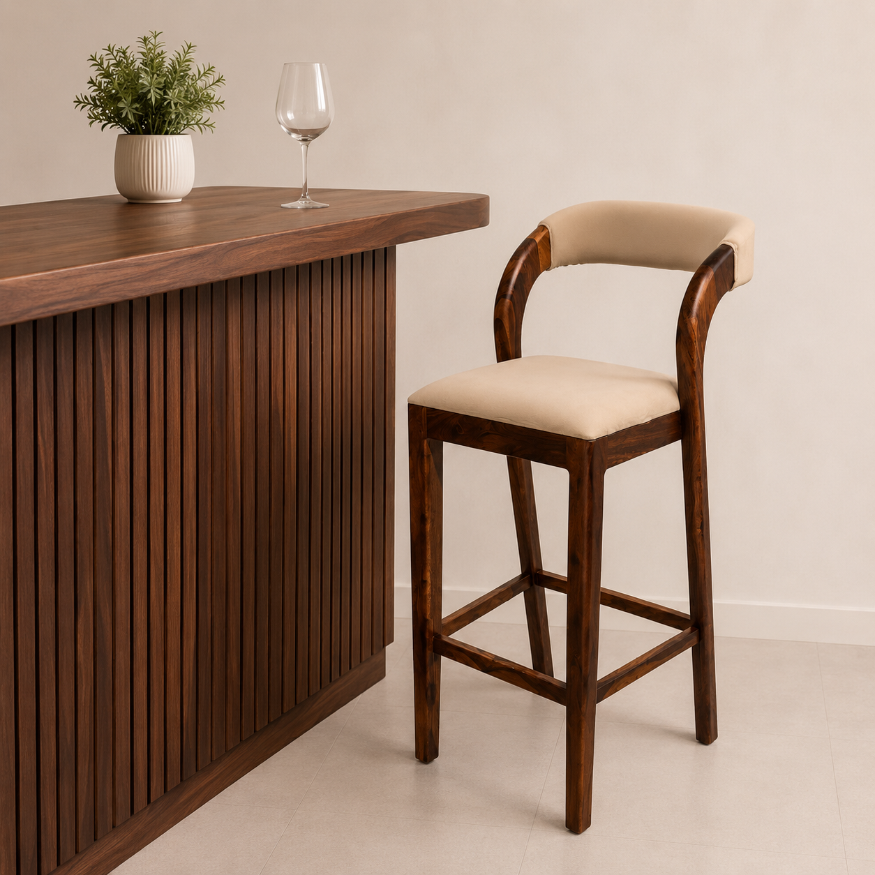 Sierra Solid Sheesham Wood Upholstered Bar Chair with Curved Backrest